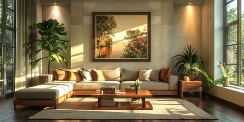 Canvas Print - Modern living room interior design with large windows, plants, and a comfortable sofa