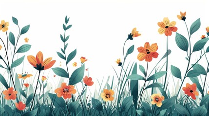 Wall Mural - A beautiful meadow with orange and yellow wildflowers and green grass