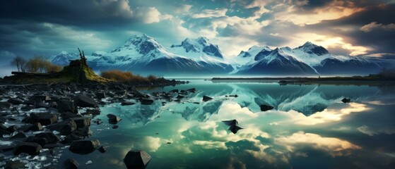 Poster - Mountains and lake landscape with beautiful sky and clouds reflecting in the water