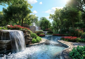 Waterfall and creek in a lush green park with red flowers and stone path