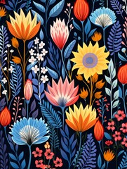 Wild embroidery prints, summer garden motifs, seamless vector pattern for vibrant textile design ,  flat graphic drawing