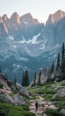 Wall Mural - Hiker on a Rocky Mountain Trail with a Towering Mountain in the Distance