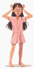 Wall Mural - An illustration of a girl in pink pajamas pulling her hair