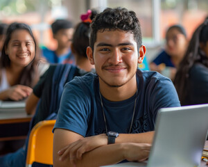 Wall Mural - a photograpth of some students from latinamerica siotting at their desks.