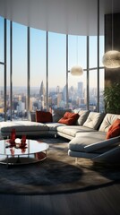 Wall Mural - Modern living room interior with large windows and city view