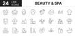 © ICON WORLD - Collection of 24 Beauty & Spa line icons featuring editable strokes. These outline icons depict various modes of Beauty & Spa. Therapy, face, solarium, set,