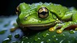 Green frog covered in water droplets, perched on a wet leaf