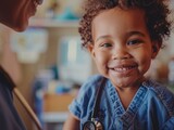 Fototapeta  - Smiling African American toddler in doctor's outfit with stethoscope around neck
