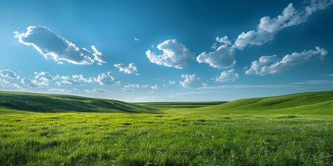 Wall Mural - Green rolling hills under a blue sky with white clouds