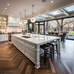 Canvas Print - Modern kitchen with large island and wood herringbone floor