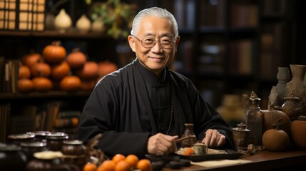 Portrait of a venerable elderly Asian man in a black robe with white hair and glasses sitting at a table with traditional Chinese objects