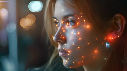 Leinwandbilder - A womans face illuminated by digital mapping points for facial recognition.