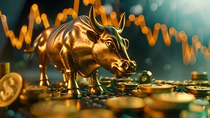 Poster - Bull and the stock market, coin, financial background