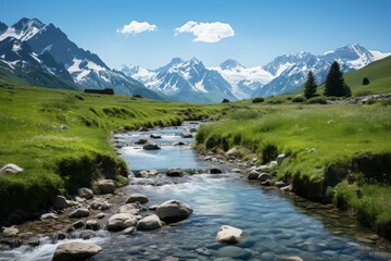 Sticker - Scenic mountain landscape with river flowing through valley