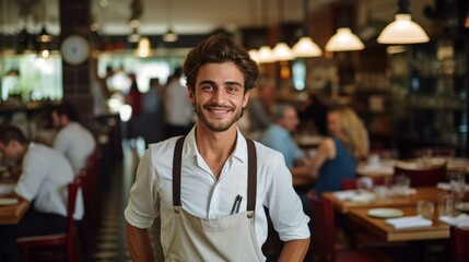 Wall Mural - Portrait of a happy young male waiter in a busy restaurant