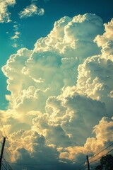 Wall Mural - Large white cloudscape with blue sky and powerlines in the foreground