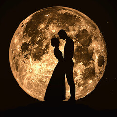 Wall Mural - 3d rendered photos of Silhouette of two lovers posing cutely against the background of a huge moon made with generative AI