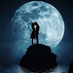 3d rendered photos of silhouette of two lovers posing cutely against the background of a huge moon m