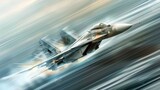 Fototapeta  - Digital Sculpture of an interceptor aircraft executing a precision strike, captured in a photorealistic style with dynamic, blurred motion effects