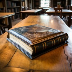 Wall Mural - Old book on a wooden table in a library