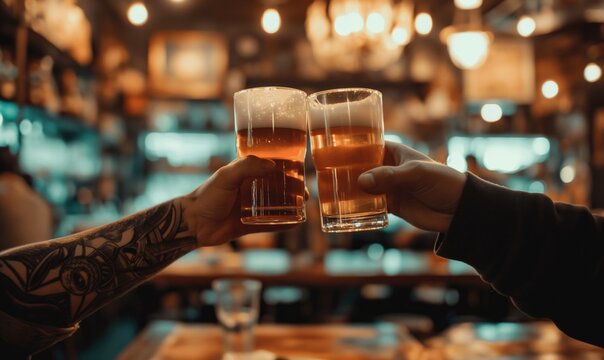 Photo of two close up mens hands toasting in a pub or bar over the table as a sign of close friendship and Bar drinking menu