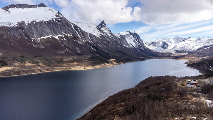  Panoramic drone view of the Bjærangfjorden in April in Nordland county, Norway