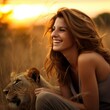 Lion and smiling woman