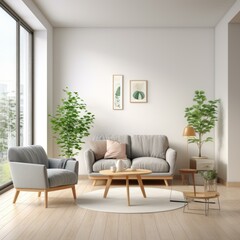 Canvas Print - Airy and bright living room with large windows and plants