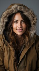 Poster - Portrait of a smiling woman wearing a brown hooded jacket with fur trim