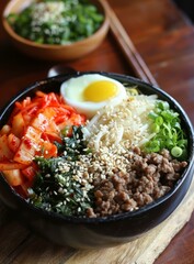 Wall Mural - Korean food bibimbap with egg, kimchi and beef in a black bowl