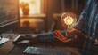 © SKIMP Art - A man's hand holds a glowing light bulb with gears inside sitting on a table, working in front of a computer screen and keyboard Generative AI