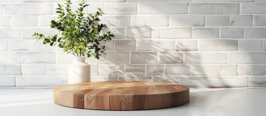 Wall Mural - Wooden pedestal on kitchen table is empty in front of a white brick wall