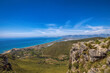 Panoramic view of the Lazio coast in Italy, from the top of the rocky mountain. Bottom left is the small village of Sperlonga and in the background the bay and the Circeo mountain.