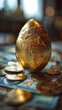 Golden egg in a nest of global currencies, with screens showing fluctuating financial markets