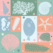 Cute seamless pattern with algae, corals and seashells.
Can be used in textile industry, paper, background, scrapbooking.