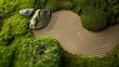 An aerial view of a perfect, miniature zen garden with raked sand and a single, large rock, set against a moss green background, inviting meditation and reflection. 32k, full ultra hd, high resolution