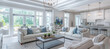 Gran salón de estar lujoso con cocina integrada en tonos blancos y azules , decorado con mesa central, grandes sofás y cocina espaciosa y equipada, con gran ventanal 