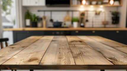 Showcase your products on this stylish wooden table, set against a blurred kitchen backdrop.