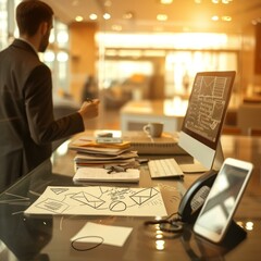 Wall Mural - Businessman standing by desk looking at computer screen