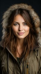 Wall Mural - Beautiful young woman in a fur-lined hood smiling at the camera