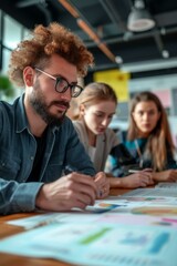 Wall Mural - Three people in a meeting looking at graphs and charts