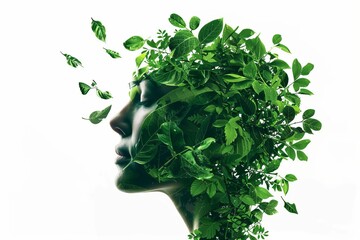 Canvas Print - human face silhouette made of green leaves nature connection concept minimalist forest illustration