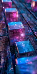 Poster - 3D rendering of glowing purple and blue cubes on a wooden surface