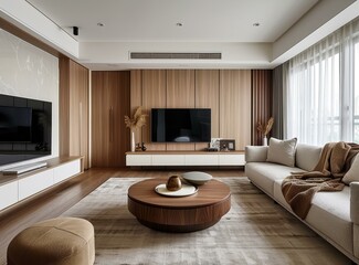 Sticker - brown wooden wall and white furniture living room