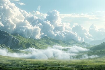 Wall Mural - Green rolling hills and white clouds