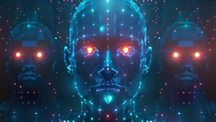 Aufkleber - Three digital AI faces with red glowing eyes signify futuristic technology.
