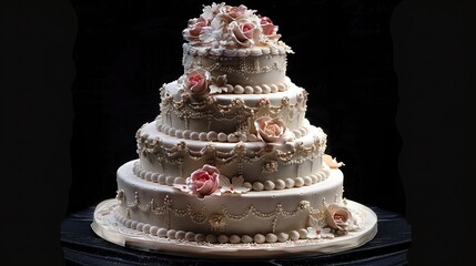 Wall Mural - Delicious multi-tiered wedding cake isolated on black background.