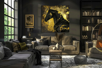 A home decoration piece that adds personality, showcasing a modern artwork of a horse rendered in striking gold and black tones.