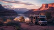 An RV parked in a serene desert location near a river at sunset, with dramatic cliffs in the background.