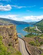 Looking east from Rowena Crest at the historic Columbia highway, the Columbia River  and Interstate Highway 80N, Oregon